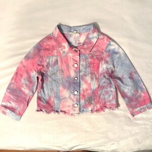 Baby Sara Pink & Blue Tie Dye Denim Jacket Rhinestone Hearts Girls 6 frayed hem